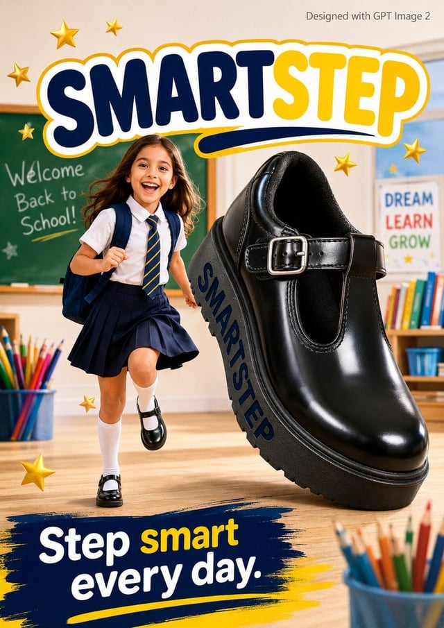 A bright back to school advertisement poster. An excited young girl age 8 in a neat school uniform s