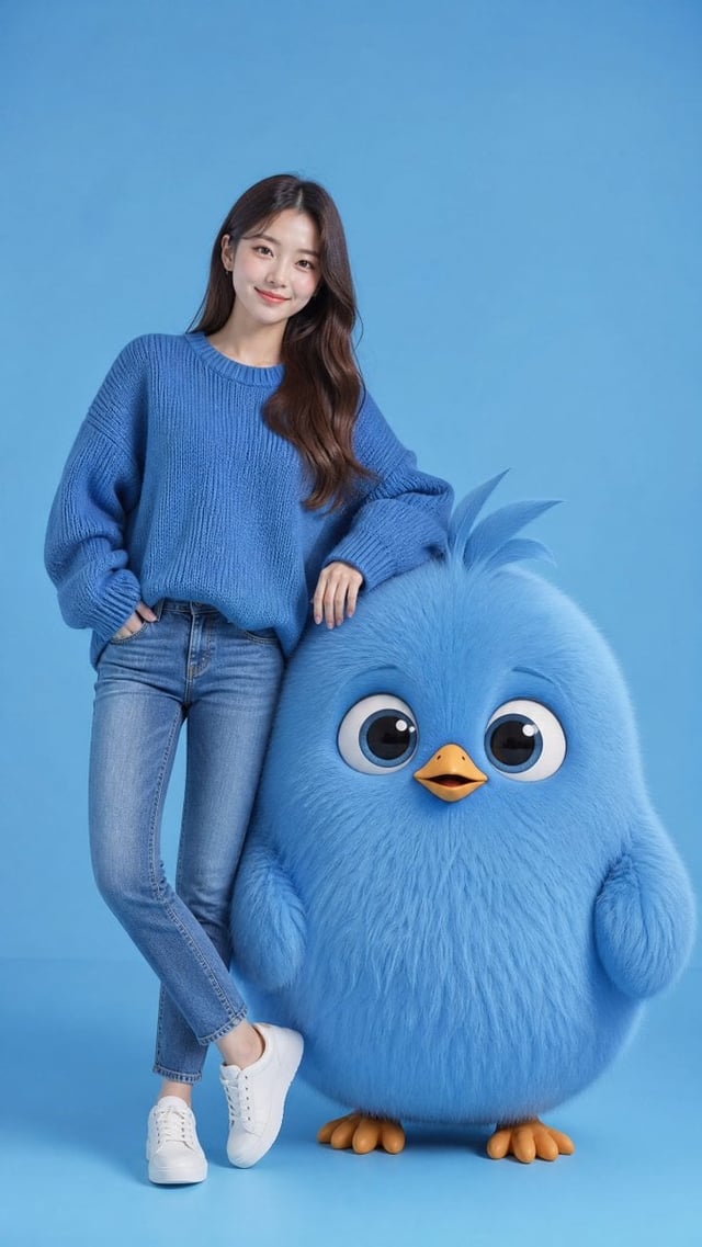 Ultra-realistic studio portrait with a clean monochromatic sky-blue background. A beautiful stylish 