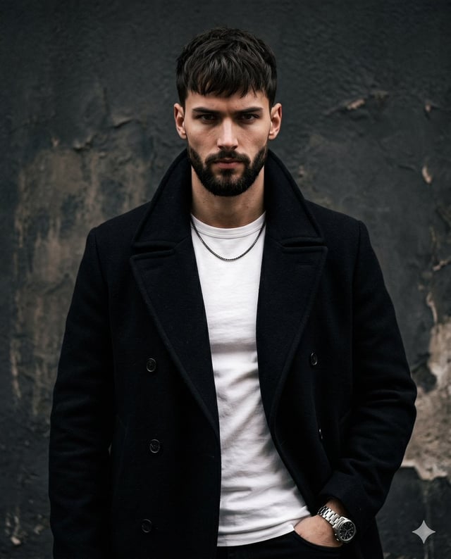 An adult male stands squarely facing the camera with level shoulders and a centered stance, his inte