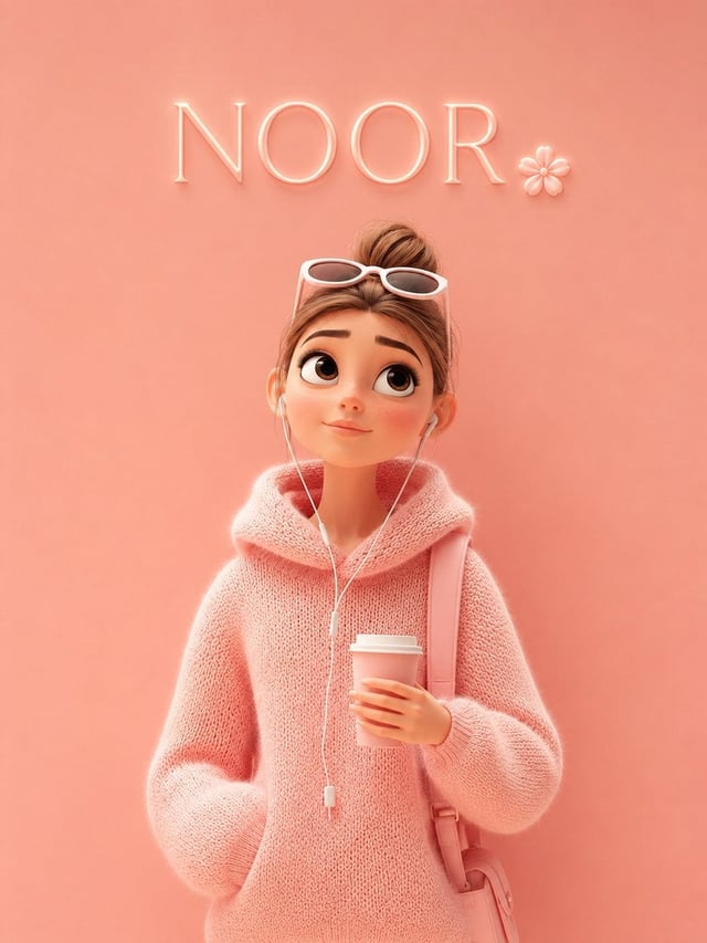 A cute Pixar-style 3D cartoon girl standing against a soft pastel pink background, wearing an oversi