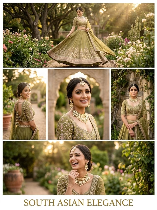 Elegant multi-frame portrait poster of a stunning young South Asian woman in an olive-green embroide