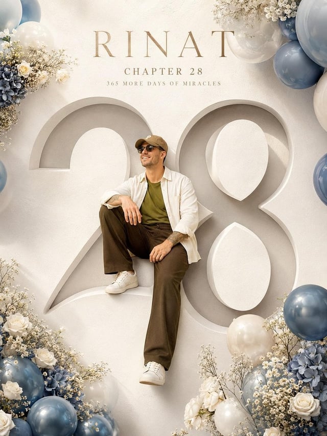 Create a luxury minimalist birthday milestone poster featuring a giant 3D number “[Age]” carved into