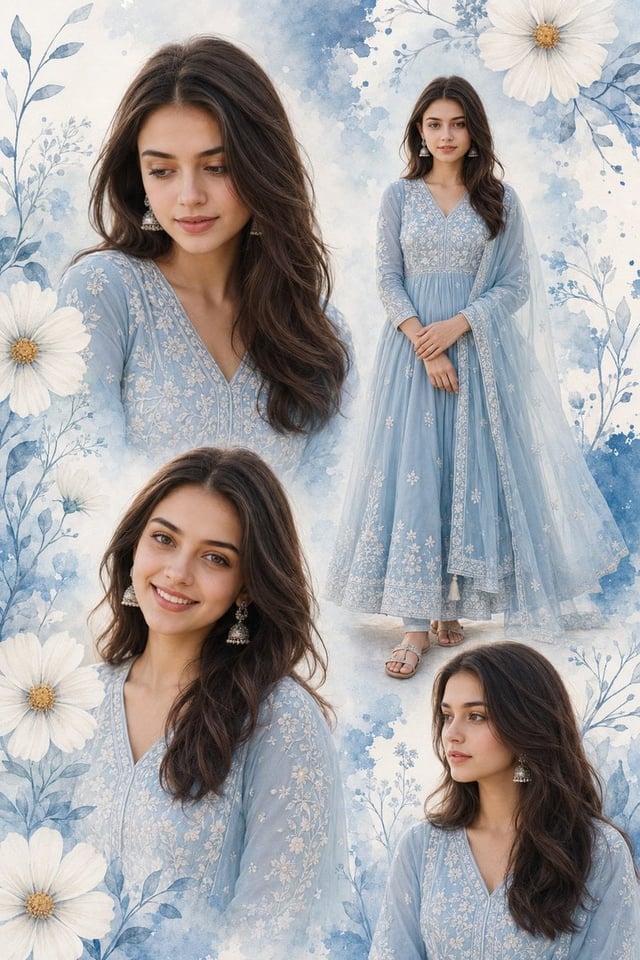 Multi-photo collage poster of a young Indian woman, 18–22 years, fair-wheatish glowing skin, long wa