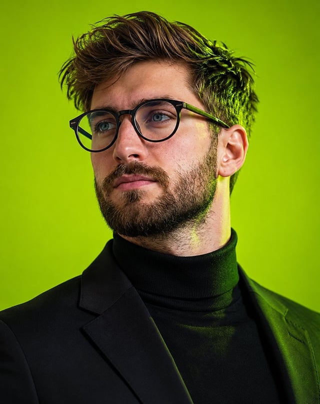 Ultra-realistic editorial portrait of a young man with tousled textured brown hair, piercing blue ey