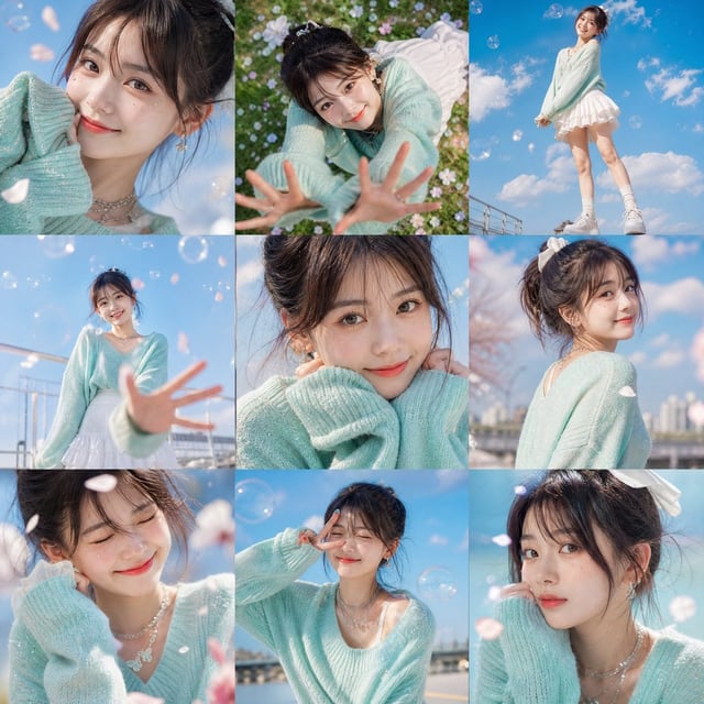 A vibrant 3×3 grid photo collage containing nine unique and expressive poses based on the uploaded f