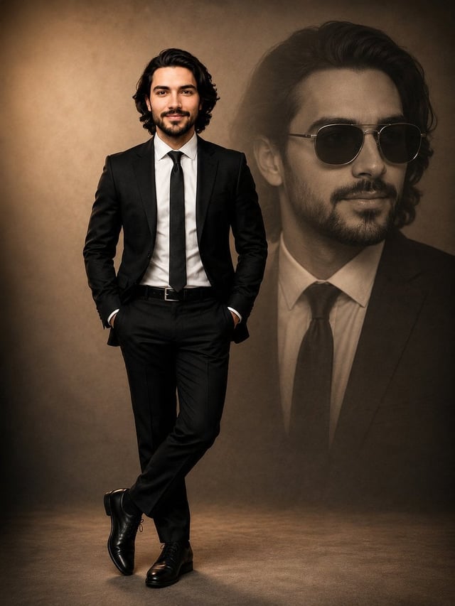 Portrait of a confident young man in a perfectly tailored black suit, white dress shirt and slim bla