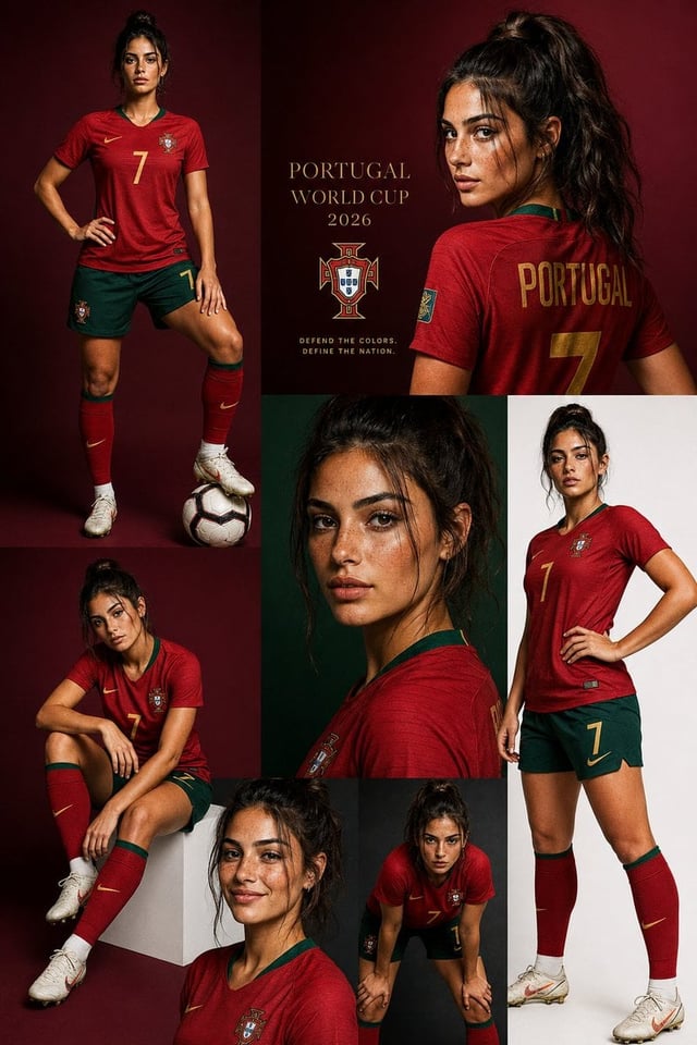 Create a luxury sports fashion collage editorial featuring a stylish young Portuguese woman in Portu