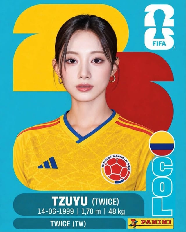 Create a premium Panini FIFA World Cup 2026 collectible sticker card featuring a K-pop idol as a pro