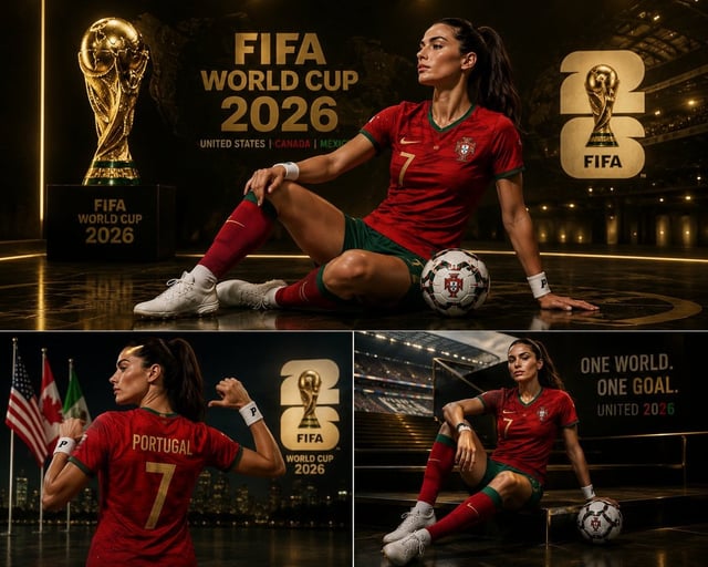 Create a premium 3-panel FIFA World Cup 2026 inspired sports poster collage featuring a confident fe