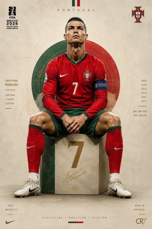 Ultra-detailed football portrait poster of a legendary Portuguese footballer sitting on a geometric 