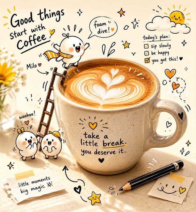 Subject: A realistic ceramic coffee cup with latte art