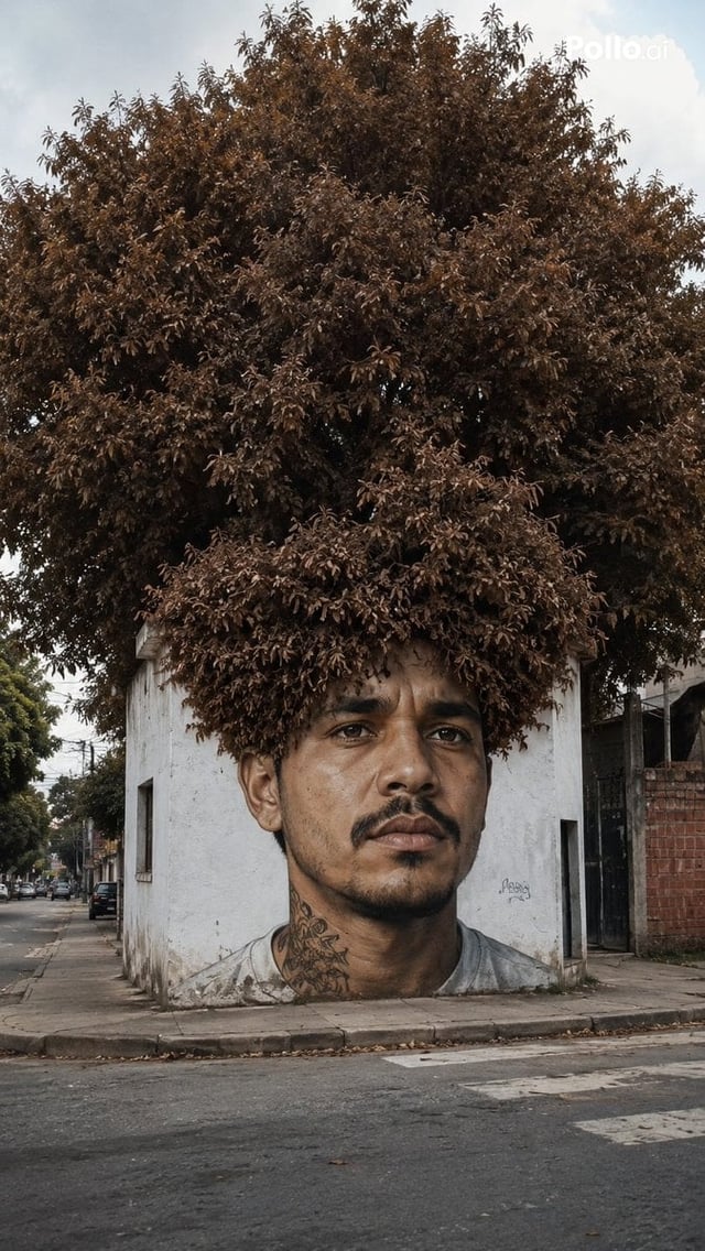 Ultra-realistic street art illusion, a short white building with a giant mural of the uploaded man p