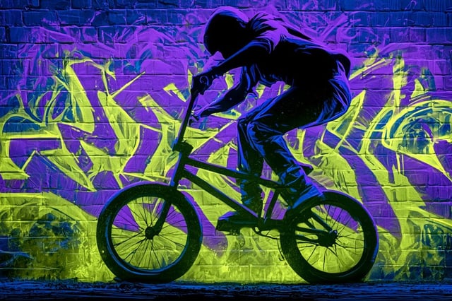 An urban graffiti glow silhouette of [Subject], with a bold outline against a backdrop of vibrant [C
