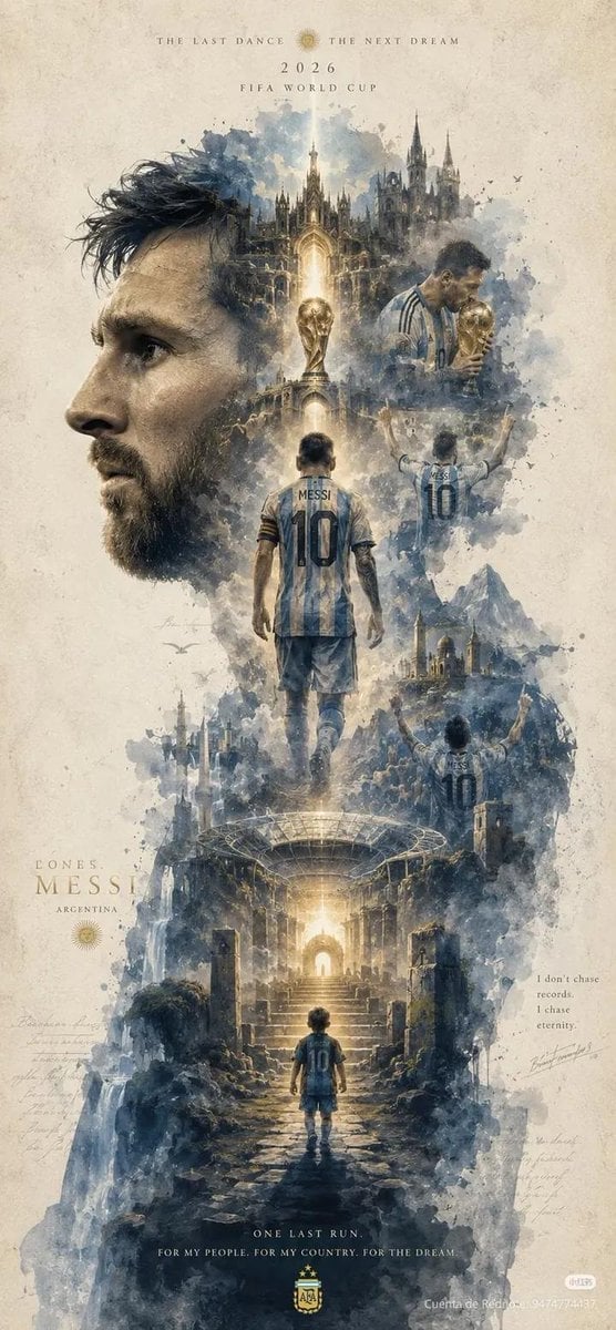 Epic cinematic watercolor poster of Lionel Messi, giant side-profile portrait dominating the left si
