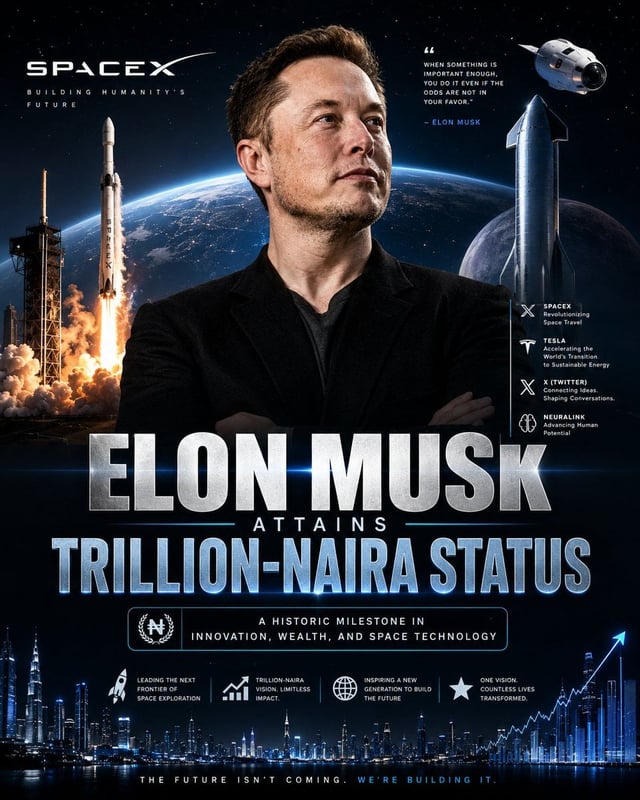 Create a bold, cinematic SpaceX achievement poster featuring Elon Musk as the main subject. Show Elo
