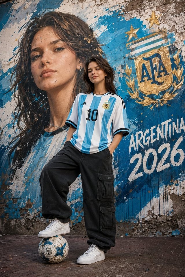A confident young woman standing with one foot on a soccer ball, wearing an Argentina national footb