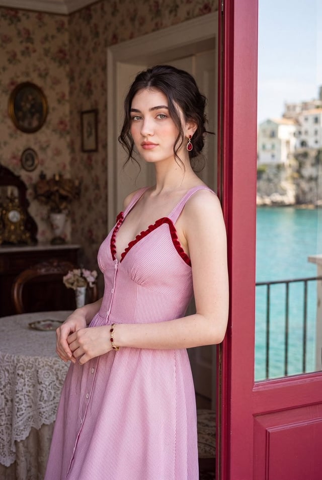 Photorealistic romantic European travel editorial portrait of a beautiful young woman, standing in a