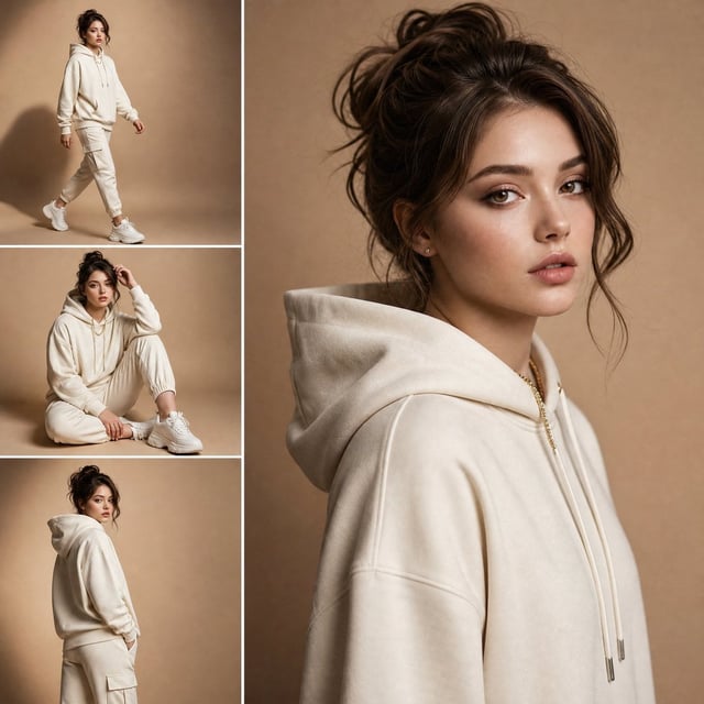A high-end luxury fashion lookbook editorial presented as a dynamic multi-panel collage grid featuri