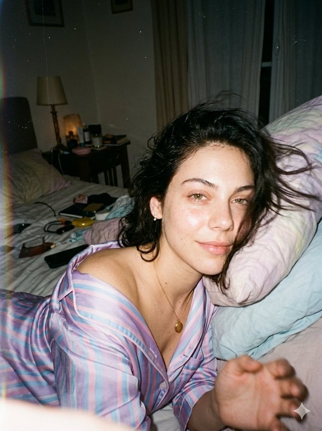 A candid disposable-camera snapshot of the same subject in the attached image. A selfie shot of the 