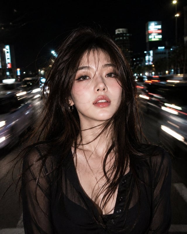 Ultra realistic RAW night flash portrait of a beautiful young woman with the same face as the refere