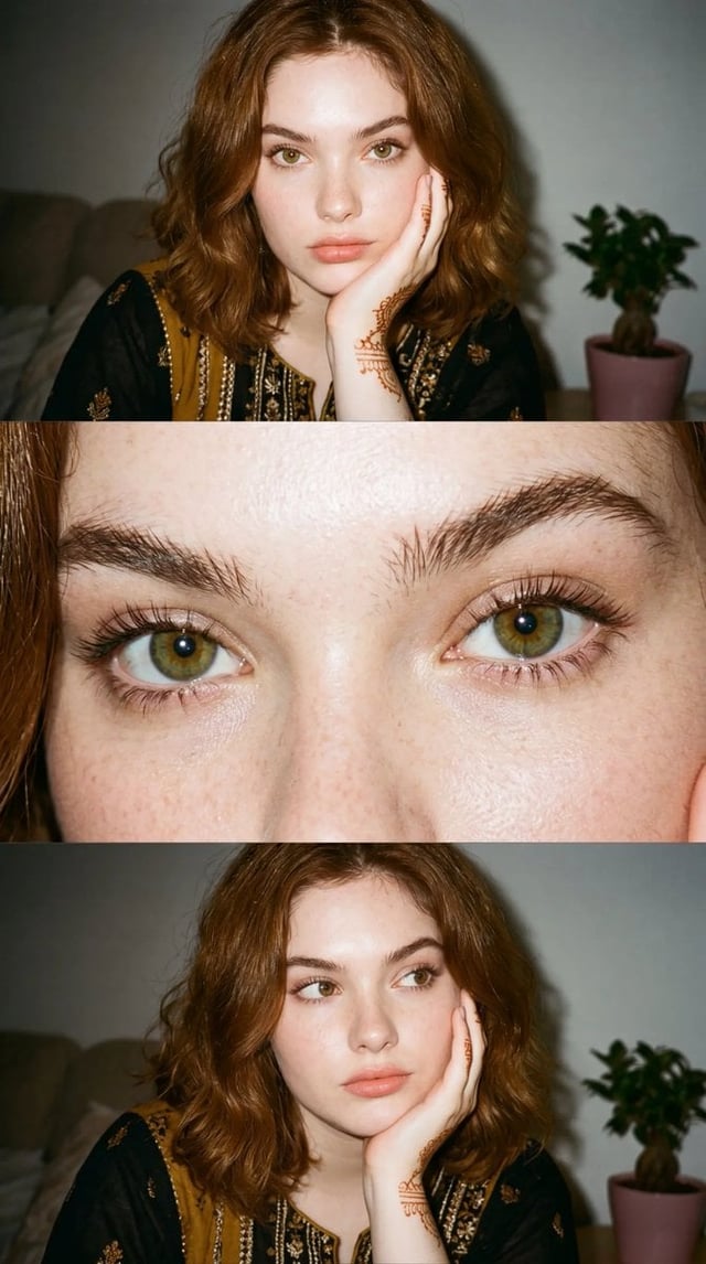 Ultra-realistic candid flash photography, 35mm film aesthetic, three-panel vertical collage composit
