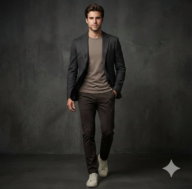 Ultra-realistic studio portrait of a man matching the reference face exactly, seated on a low modern