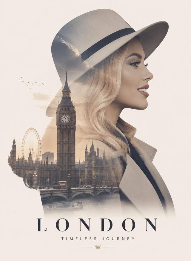 Ultra-premium double exposure travel poster, elegant side-profile portrait of a beautiful woman, sea