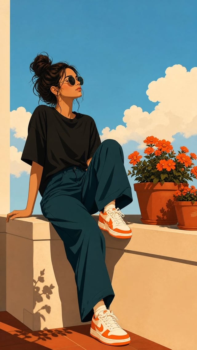 An illustration in a clean, modern, flat-color digital art style. The scene depicts a relaxed woman 