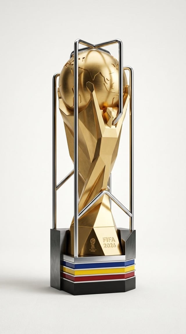 A highly detailed, photorealistic product render of the FIFA 2026 World Cup trophy, featuring the ic