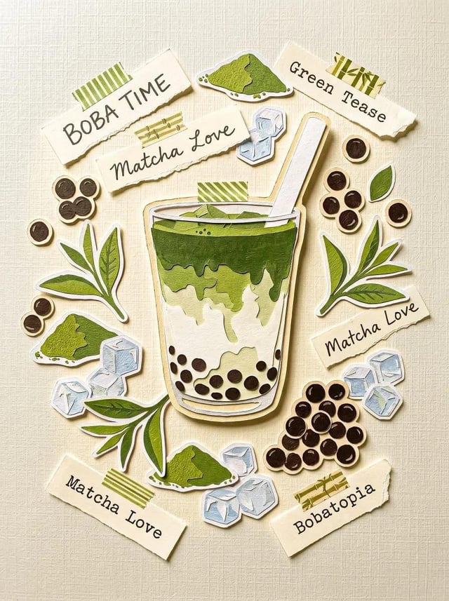 A central subject surrounded by sticker elements that feel cut-out and layered like a scrapbook.