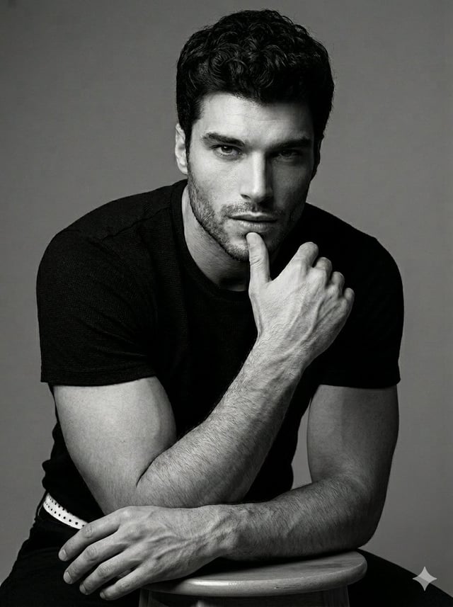A professional black and white studio portrait of a handsome man with sharp, masculine features, sho