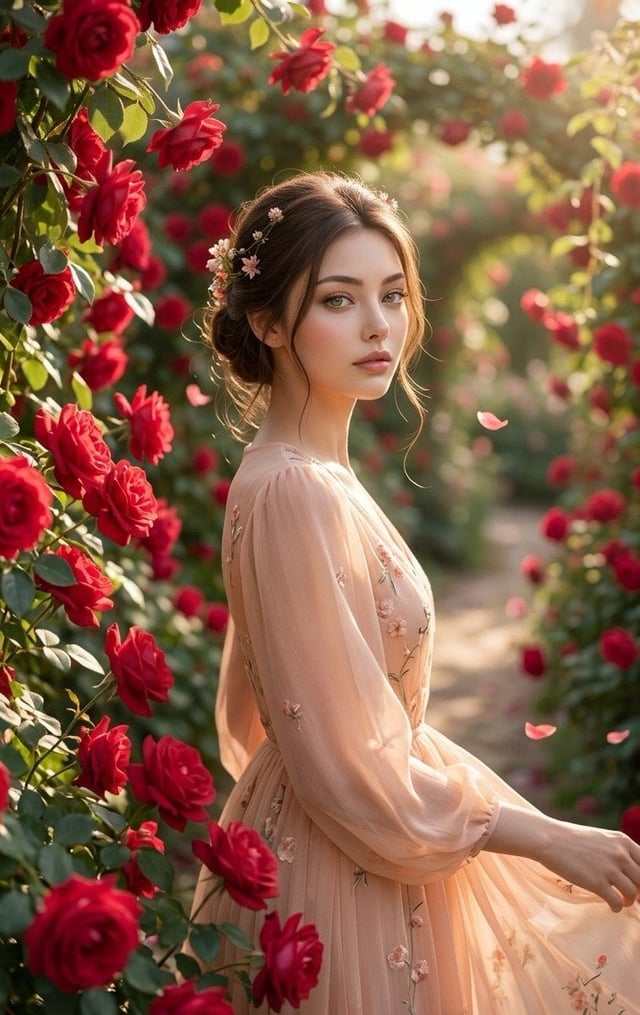 Ultra-realistic cinematic portrait of a beautiful young Korean girl standing in a lush rose garden f