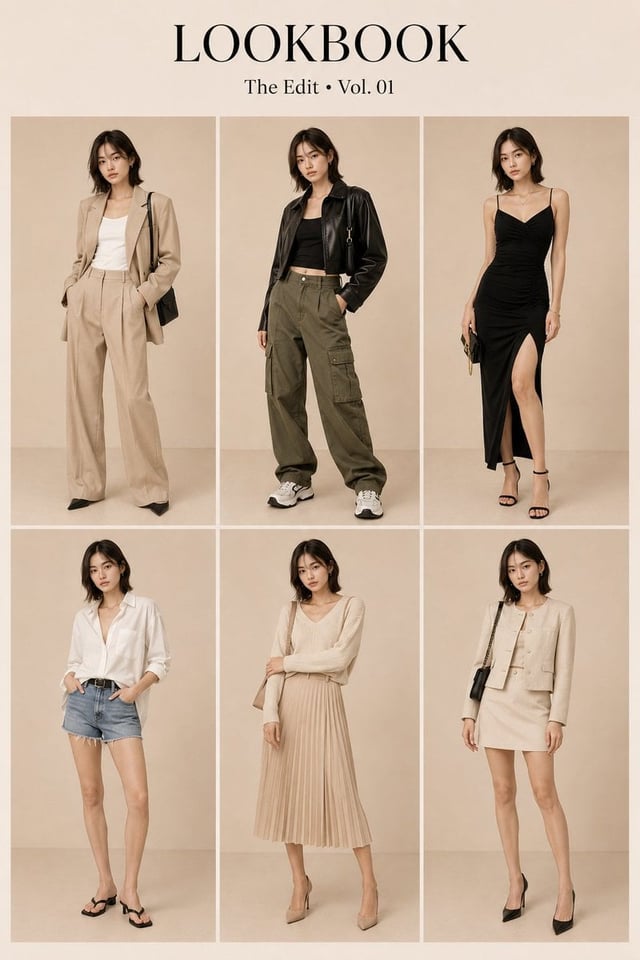 The primary identity reference and display the exact same Japanese woman in all six panels with stri