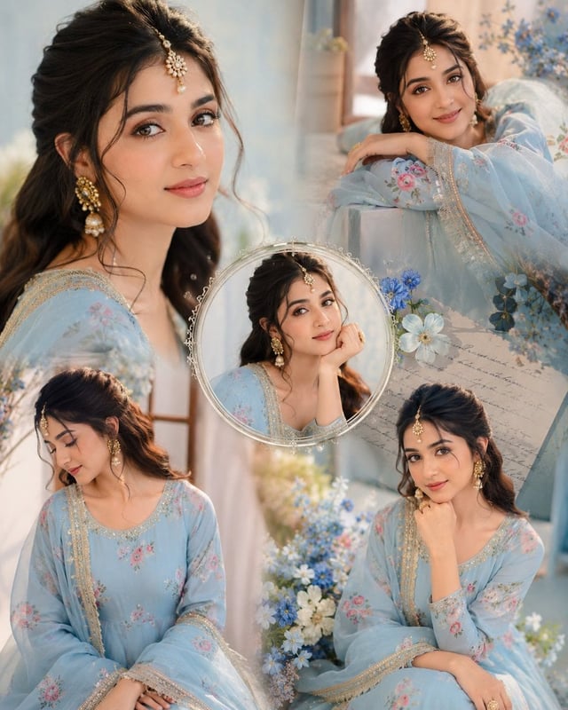 Create a dreamy aesthetic portrait collage of a beautiful young Indian girl wearing a soft pastel ba