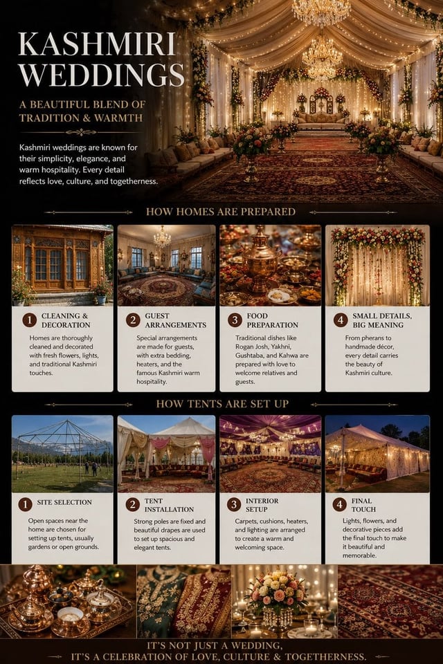 Create an ultra-luxury cinematic infographic poster about Traditional Kashmiri Weddings, designed li