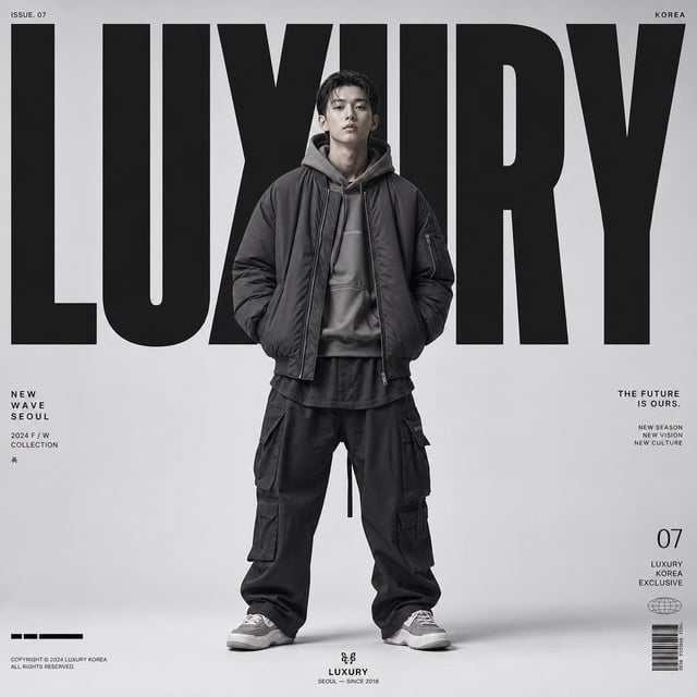 Create a premium high-fashion editorial poster for "LUXURY " in a luxury Korean streetwear magazine 