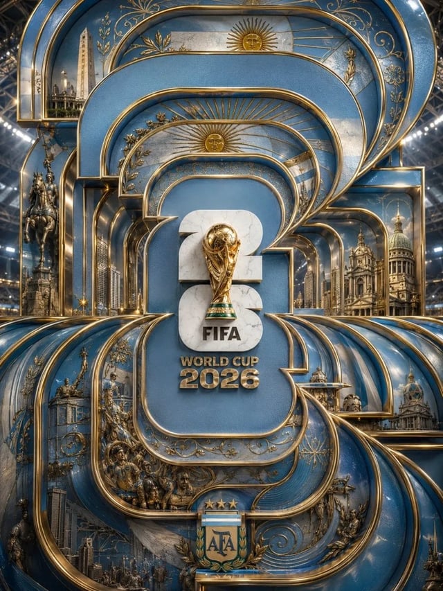 Ultra-luxury FIFA World Cup 2026 poster, monumental layered Art Deco architecture made from interloc