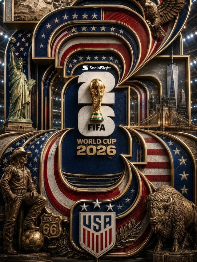 Ultra-detailed luxury 3D poster for the FIFA World Cup 2026 USA. Massive layered "2026" typography d