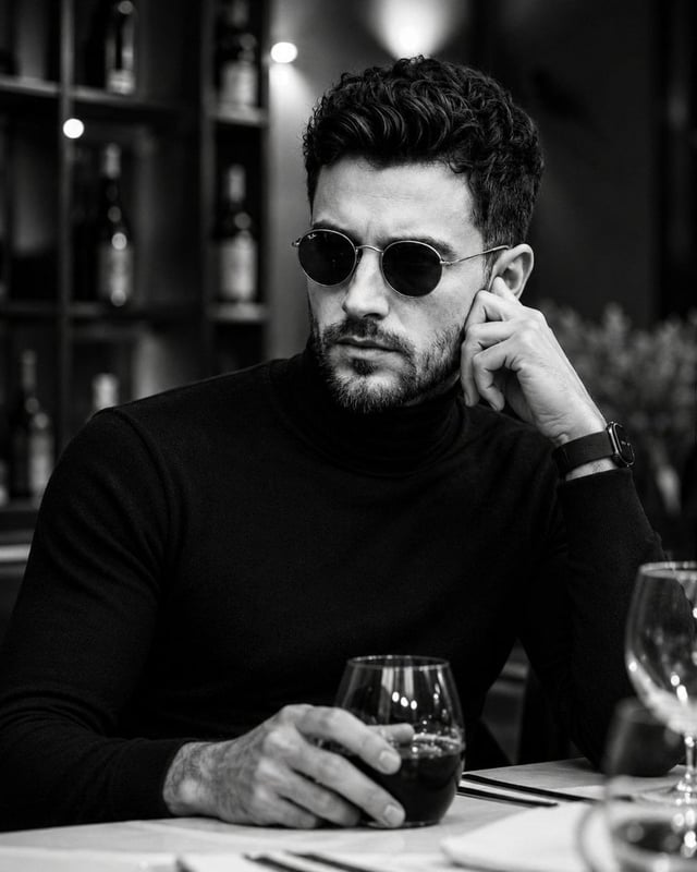 Ultra-realistic black-and-white cinematic portrait of a handsome man seated in an upscale luxury res