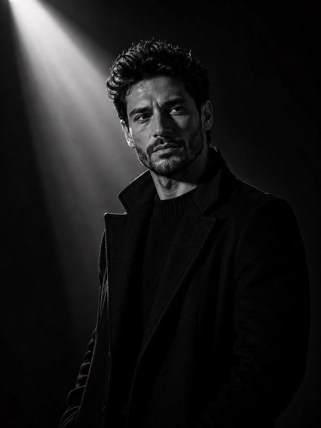 Ultra-cinematic black-and-white portrait of a young man standing in a dark minimalist studio, wearin