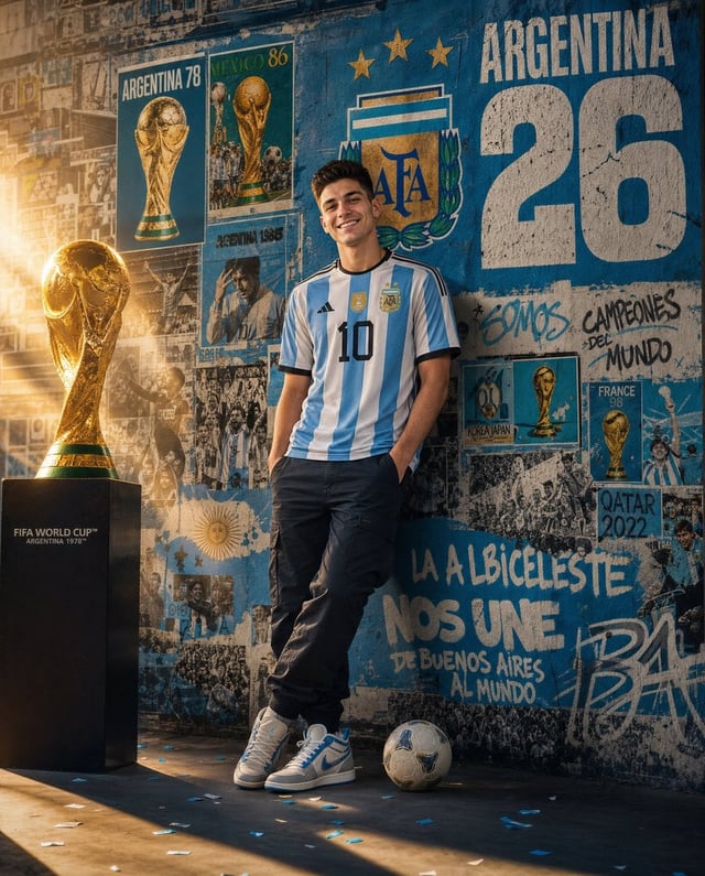 Ultra-realistic sports advertising poster featuring a young Argentine football supporter wearing the