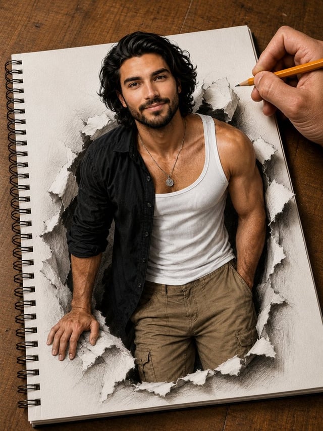 Hyper-detailed photorealistic illustration of a handsome young man breaking out of a spiral-bound sk