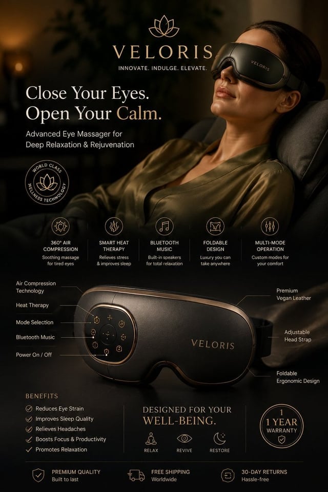 Ultra-premium luxury advertising collage for a futuristic eye massager brand called (VELORIS), sophi