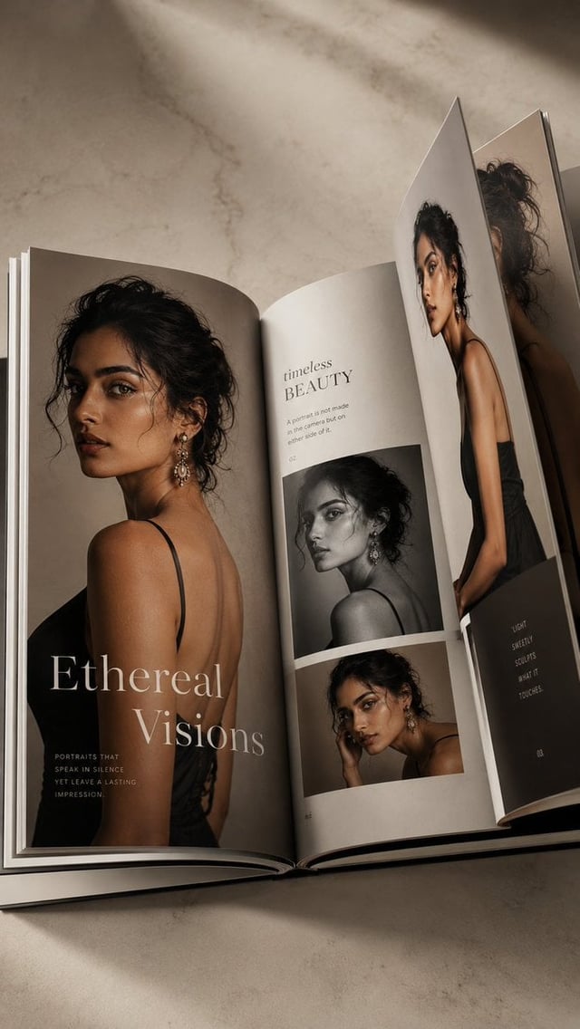 Luxury photorealistic coffee table book, open to two pages, showcasing an artistic composition of ed