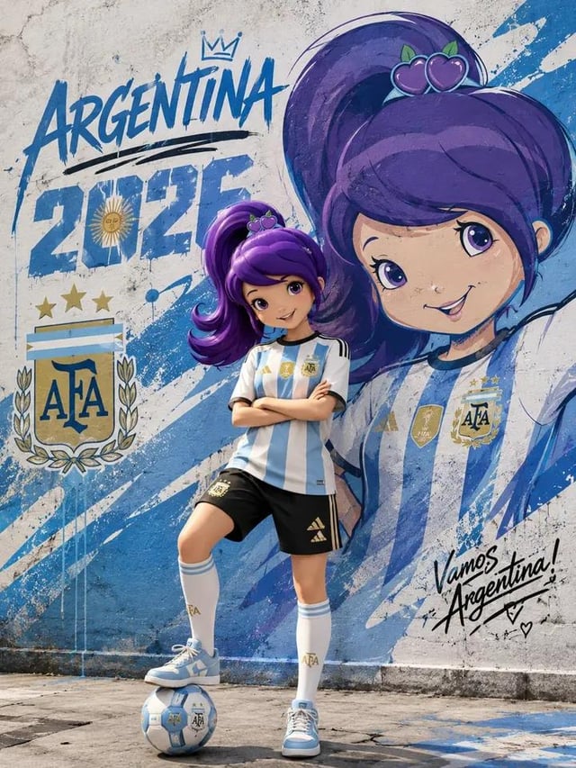 Ultra-detailed street-art football poster featuring a cute stylized cartoon/anime girl with vibrant 