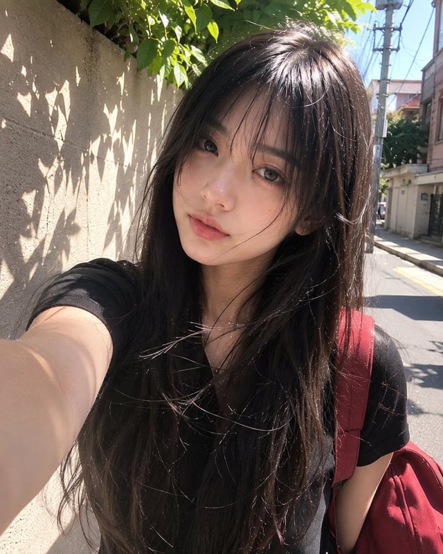 Beautiful young Japanese girl with long silky black hair and soft wispy bangs, large expressive dark