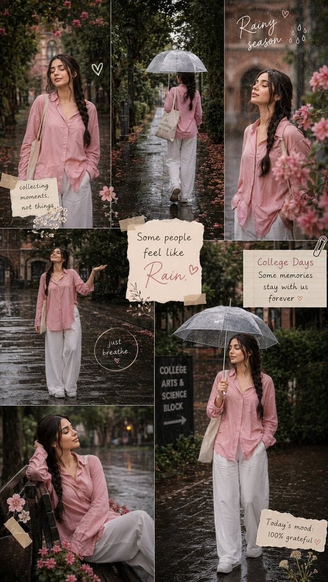 Create an ultra-realistic Pinterest-style rainy season collage in a vertical 9:16 format. The collag