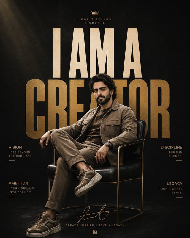 Ultra-premium cinematic motivational poster, vertical 4:5 format, powerful charismatic man with thic