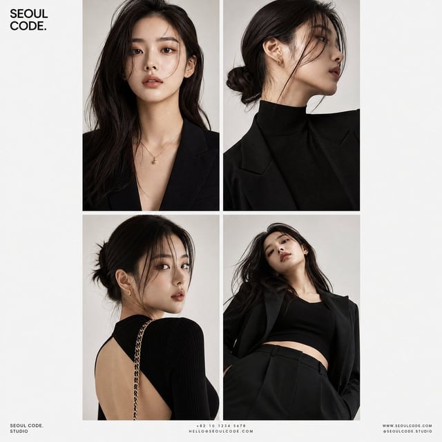 Create a premium high-fashion editorial series featuring a stylish Korean female model with sharp, e