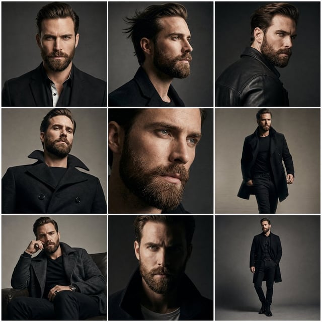 Create a premium high-fashion editorial series featuring a stylish Hollywood male model with a well-